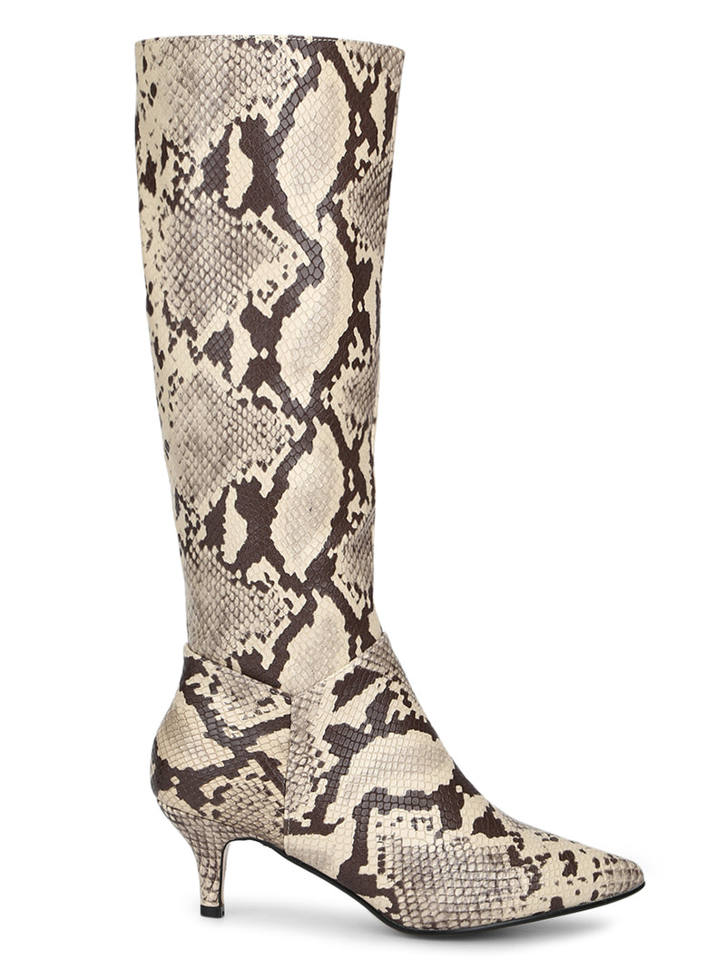 Stone Snake Low Heel Calf Length Long Boots
