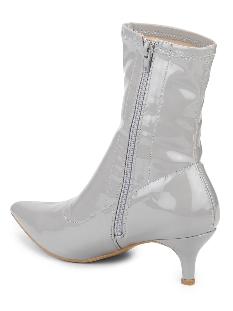 Grey Patent Low Heel Sock Ankle Boots