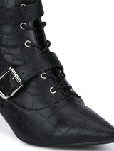 Black Croc PU Double Buckle Lace-up Ankle Boots