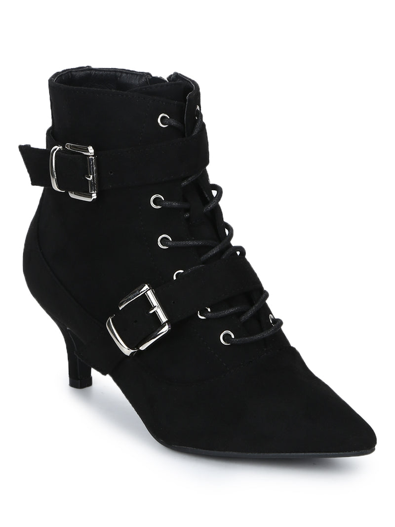 Black Micro Double Buckle Lace-up Ankle Boots