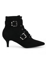 Black Micro Double Buckle Lace-up Ankle Boots