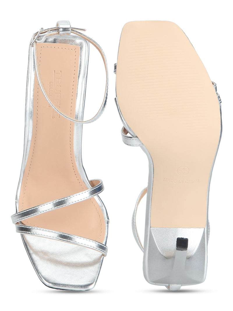 Silver Metallic Strappy Ankle Strap Stilettos