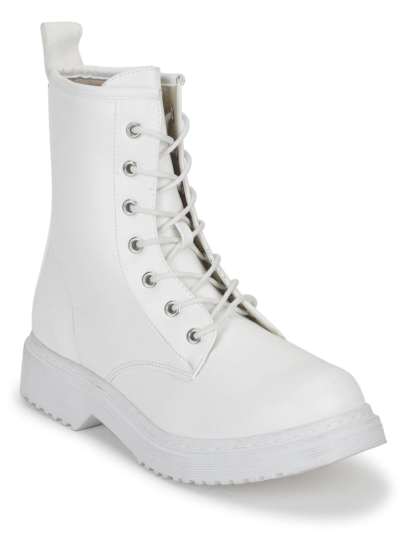 White PU Lace-Up Biker Ankle Boots