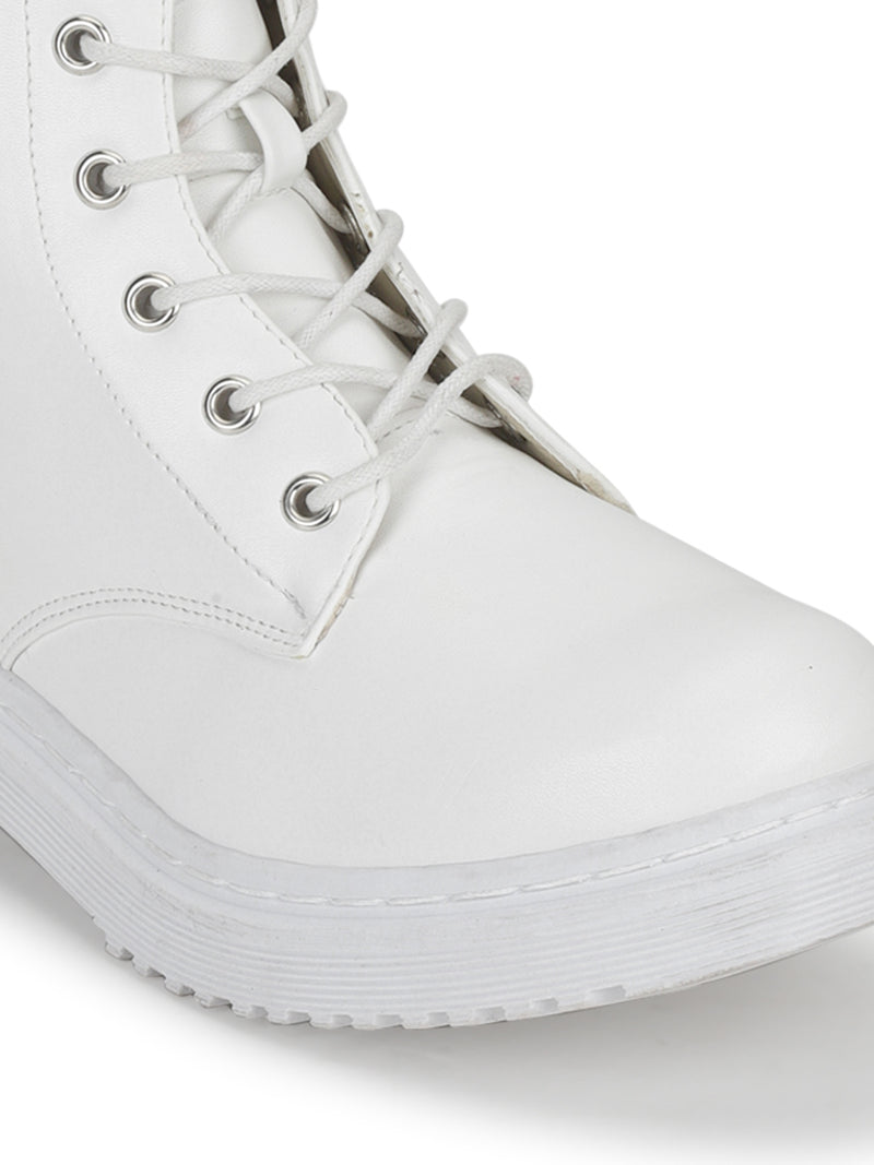 White PU Lace-Up Biker Ankle Boots