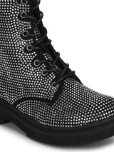 Black Suede Diamante Lace-Up Biker Ankle Boots