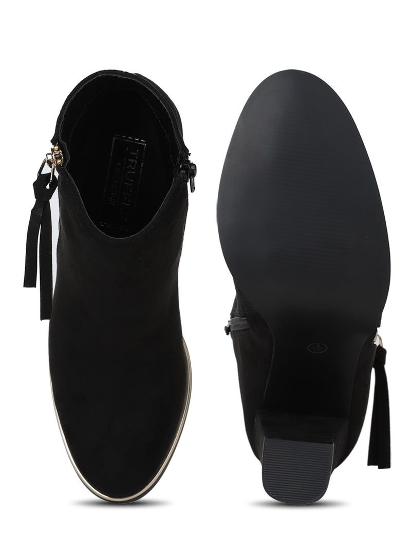 Black Micro Side Zipper Block Heel Ankle Boots