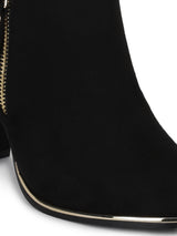 Black Mircro Zipper with Buckle Block Heel Ankle Boots
