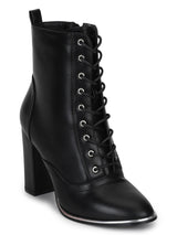 Black PU Lace-Up Block Heel Ankle Boots