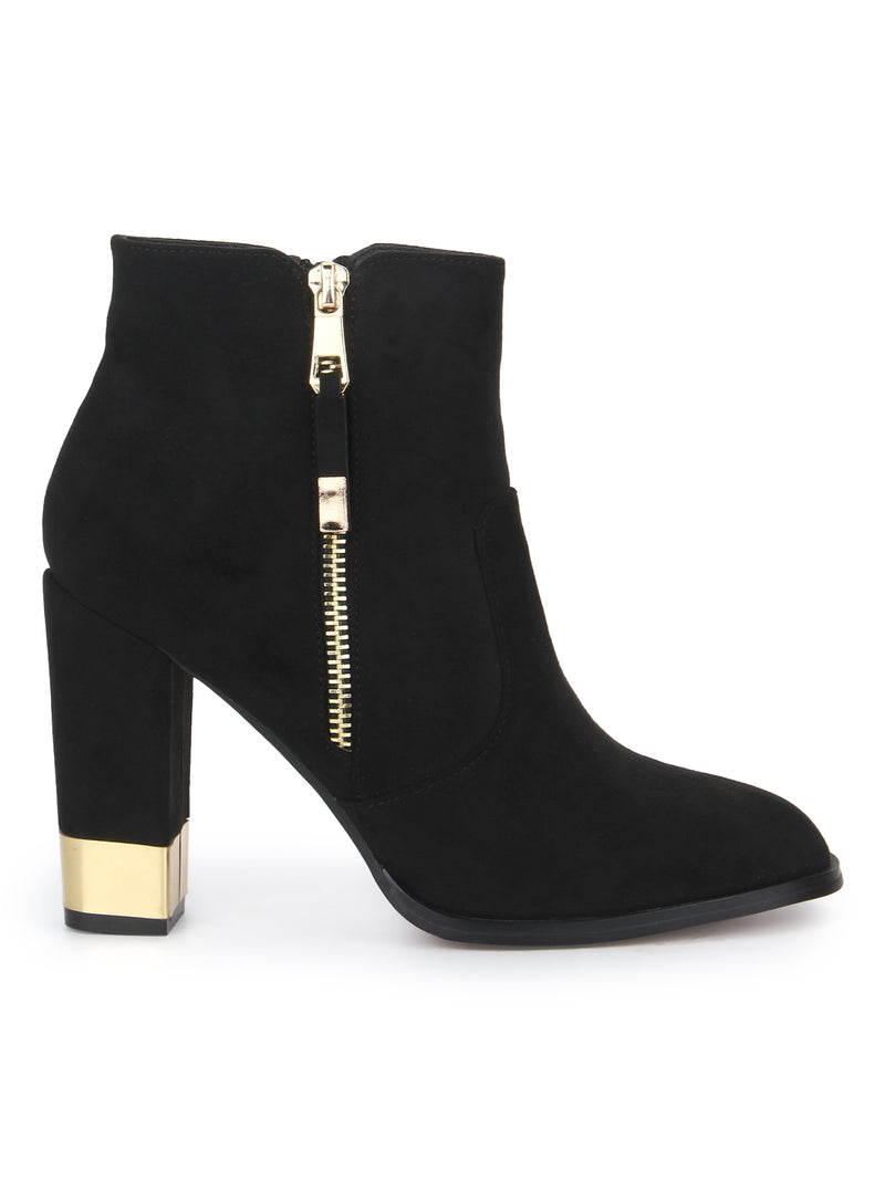 Black Micro Golden Heel Zipper Ankle Boots