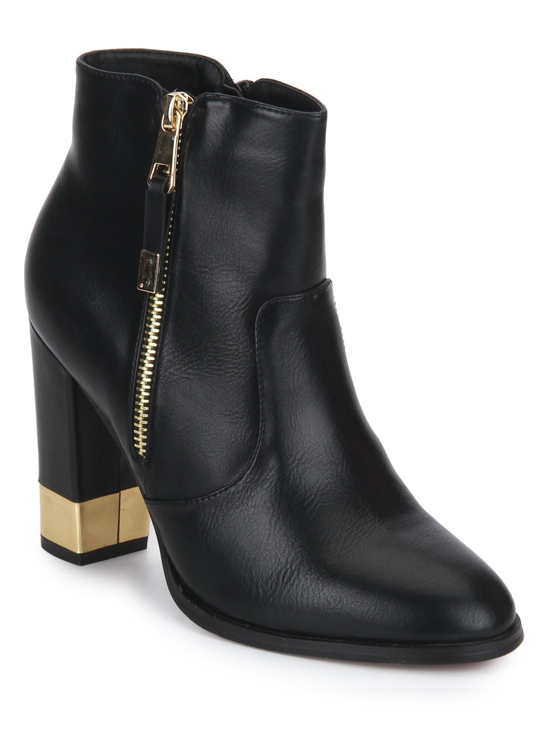 Black PU Golden Heel Zipper Ankle Boots