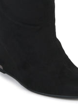 Black Micro Slouched Wedge Heel Ankle Boots