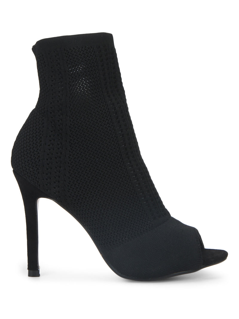 Black Knit Peep Toe Stiletto Ankle Boots