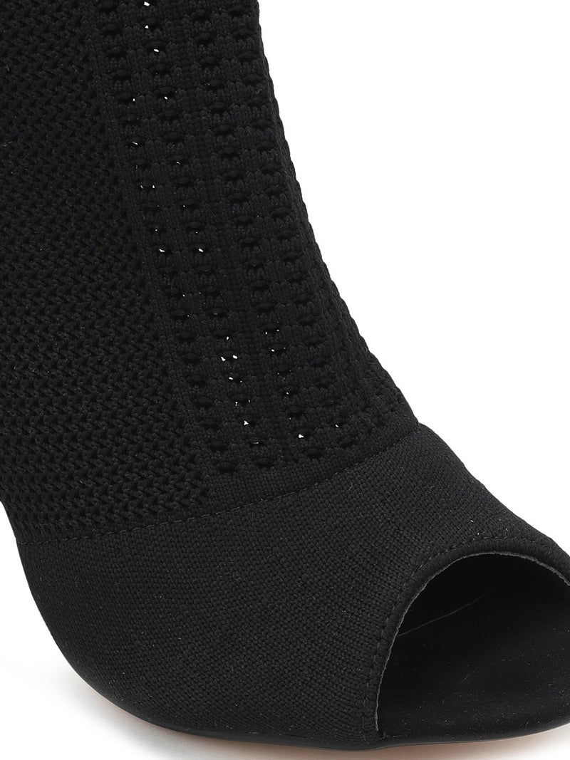 Black Knit Peep Toe Stiletto Ankle Boots