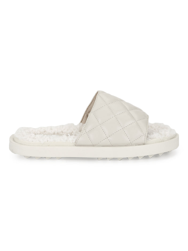 White PU Faux Fur Quilted Slip Ons