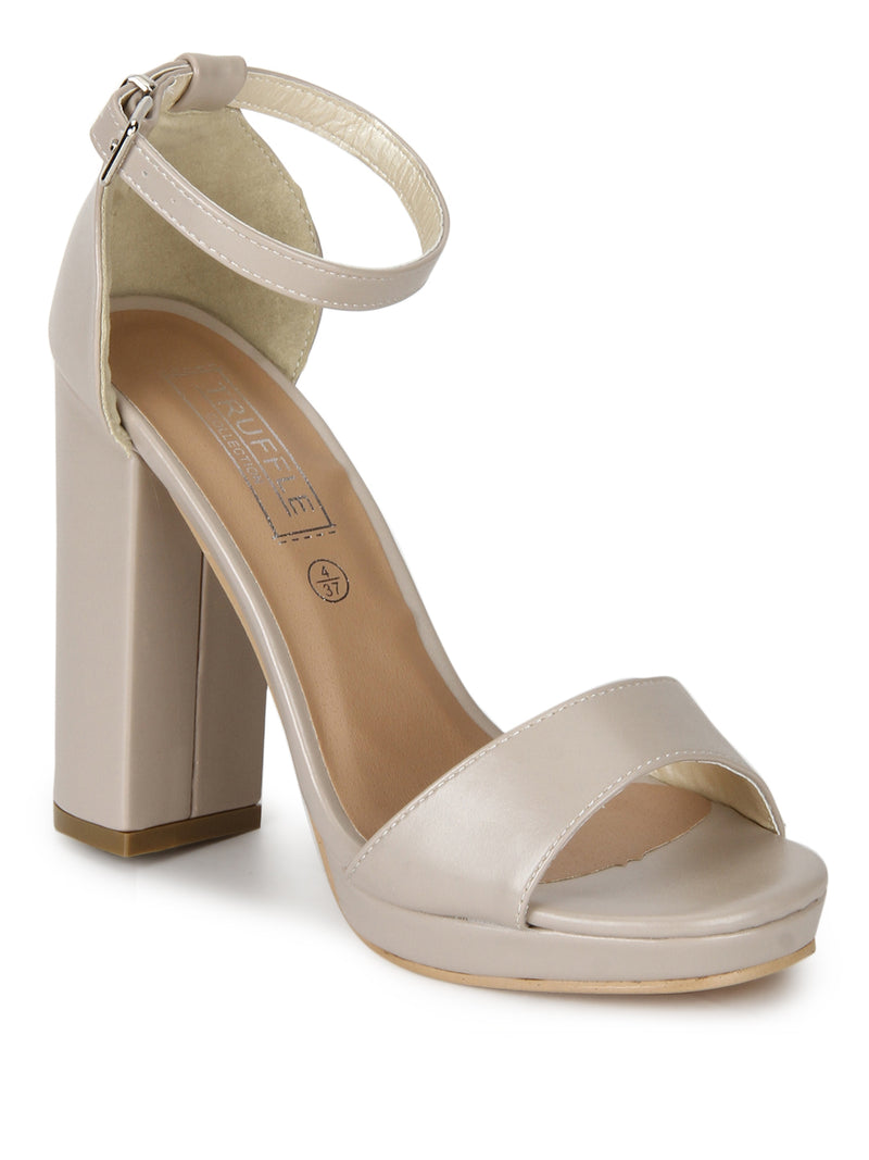 Nude PU Pumpped Ankle Strap Block Heels