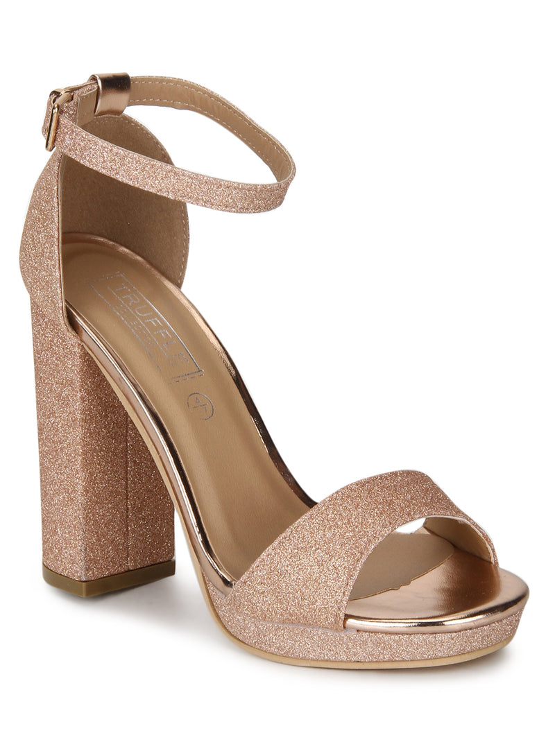 Rose Gold Glitter Pumpped Ankle Strap Block Heels