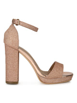Rose Gold Glitter Pumpped Ankle Strap Block Heels