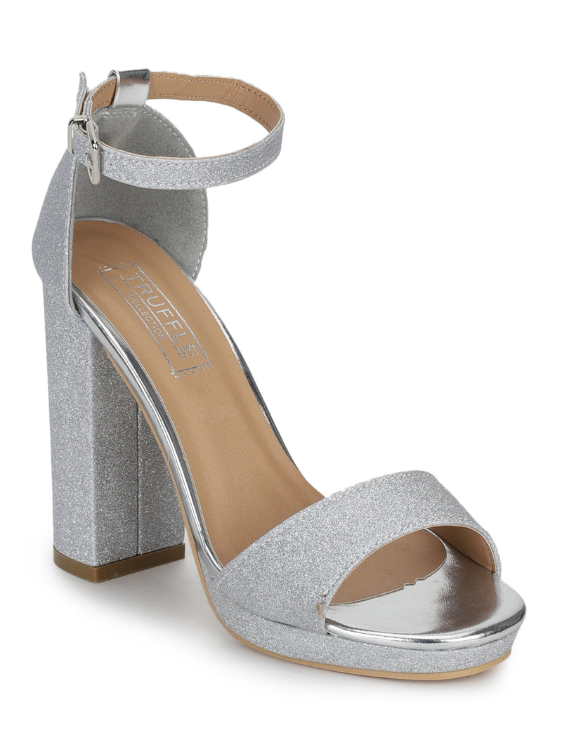 Silver Glitter Pumpped Ankle Strap Block Heels