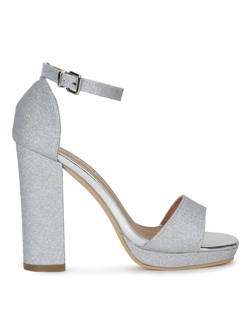 Silver Glitter Pumpped Ankle Strap Block Heels