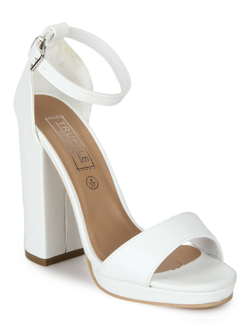 White PU Pumpped Ankle Strap Block Heels