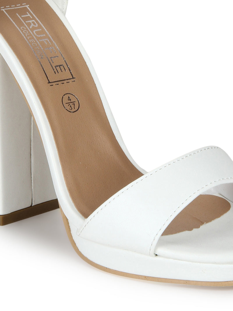 White PU Pumpped Ankle Strap Block Heels