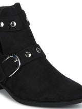 Black Microfibre Studded Buckle Low Block Heels