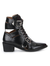 Black Box PU Buckled Pointed Toe Ankle Boots
