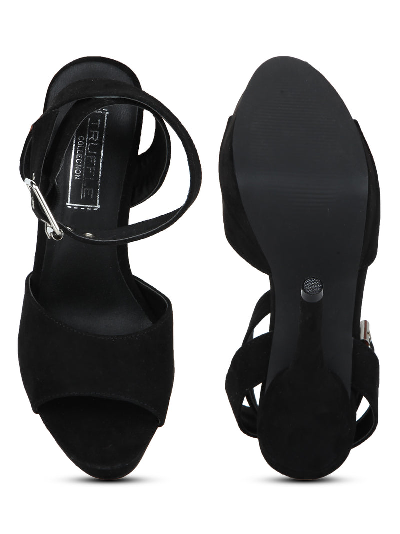 Black Microfibre Ankle Strap Stiletto Pumps
