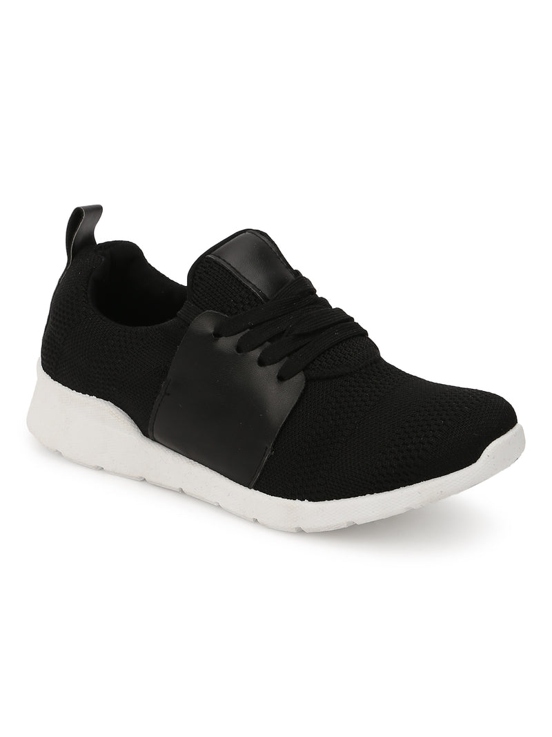 Black PU Mesh Lace-Up Sneakers