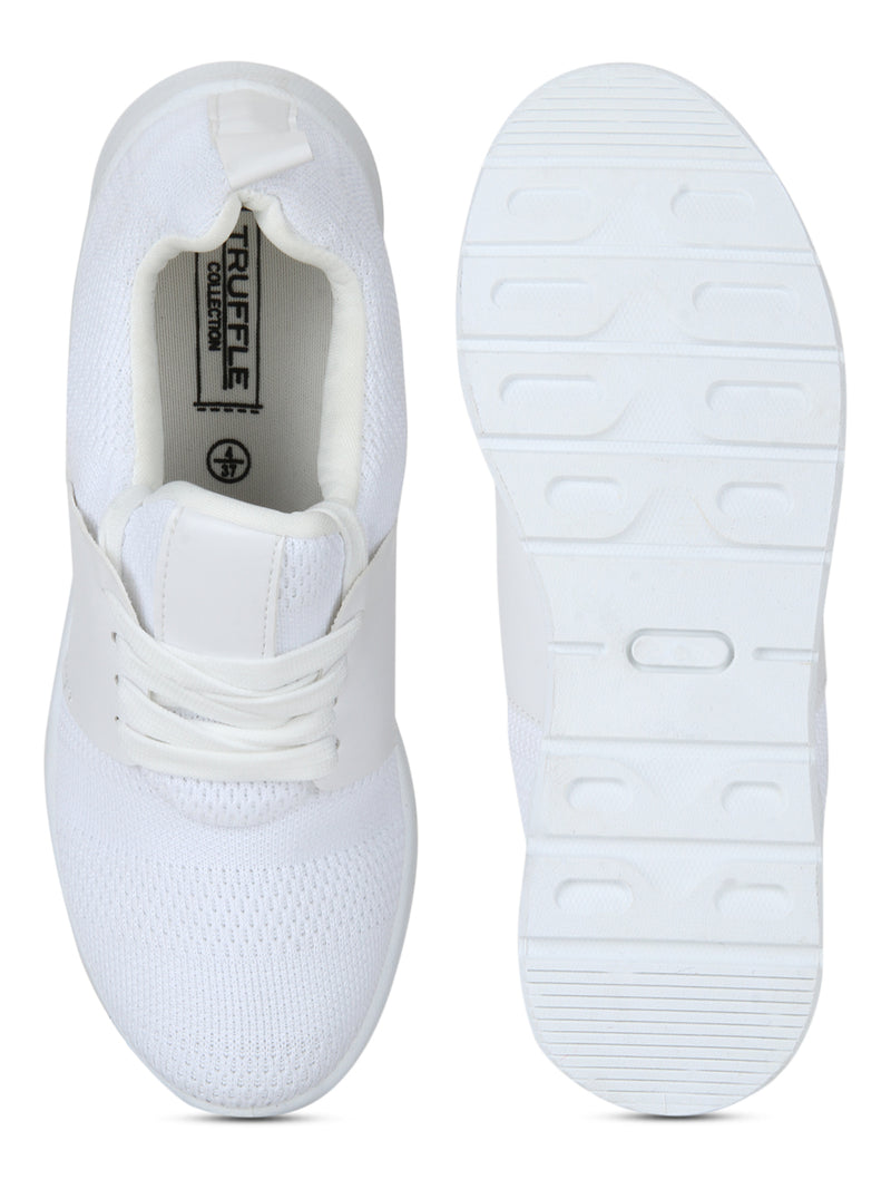 White PU Mesh Lace-Up Sneakers