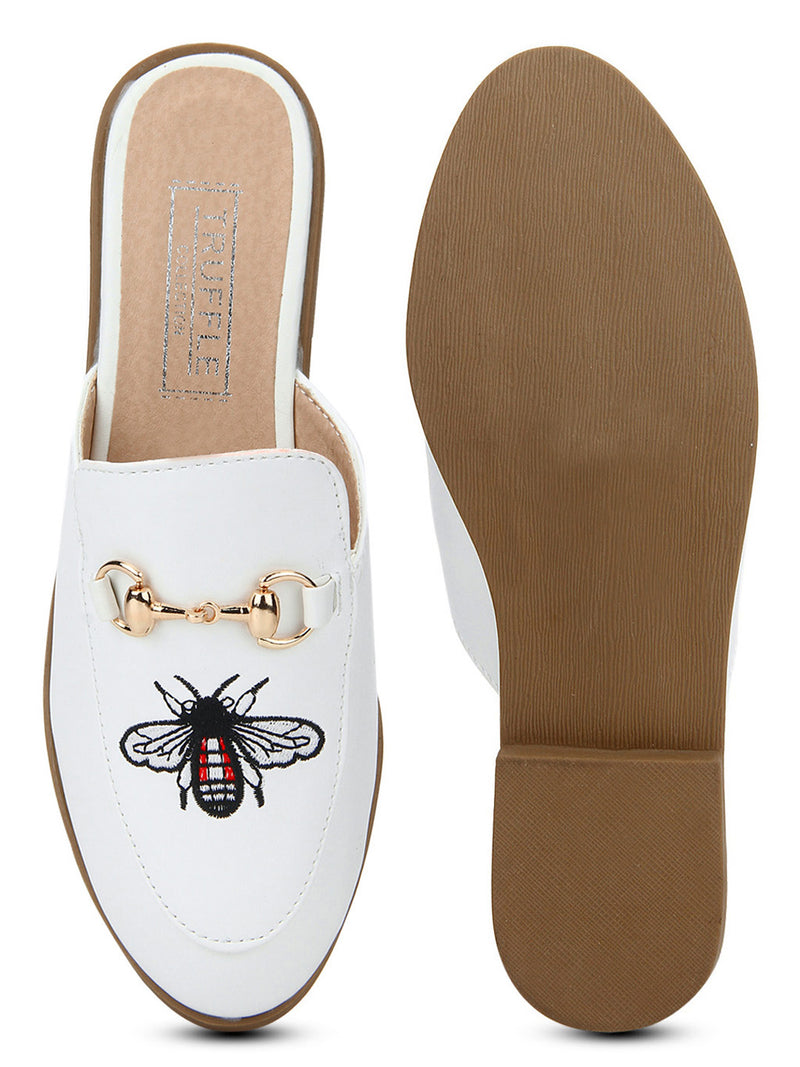 White PU Bee Detailed Open Back Flat Loafers