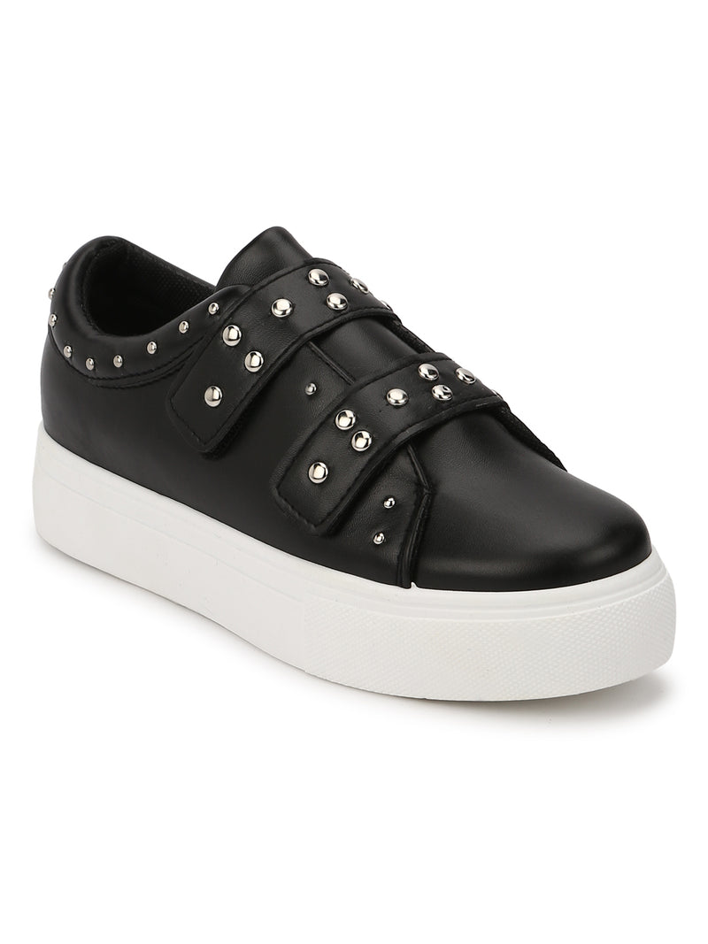 Black PU Studded Strap Slip-On Sneakers