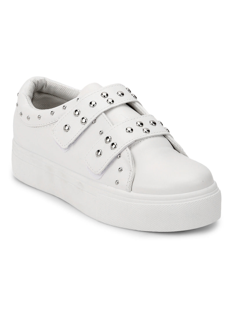 White PU Studded Strap Slip-On Sneakers