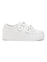 White PU Studded Strap Slip-On Sneakers