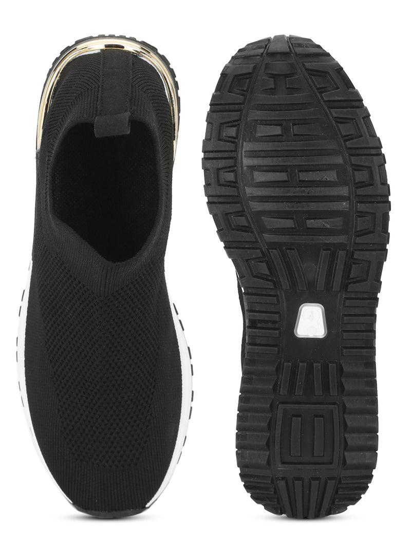 Black Knit White Sole Slip On Sneakers