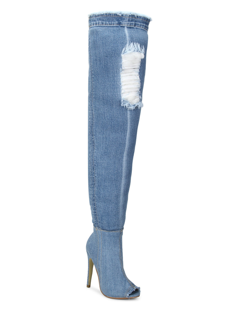 Dark Blue Denim Stiletto Long Boots