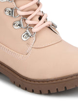 Pink PU Lace-up Ankle Boots