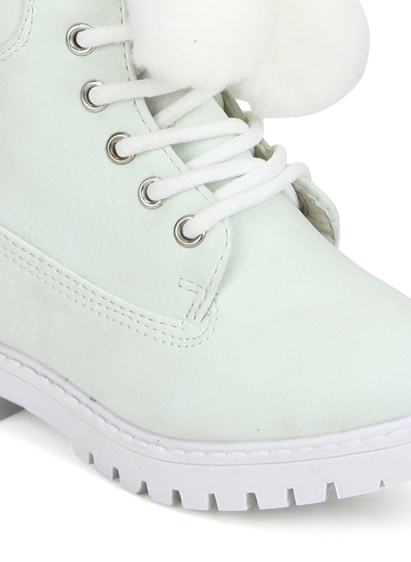 Cream PU Pom Pom Lace-up Ankle Boots