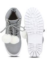 Grey PU Pom Pom Lace-up Ankle Boots