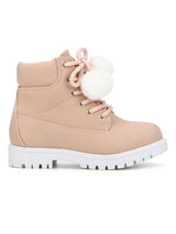 Pink PU Pom Pom Lace-up Ankle Boots