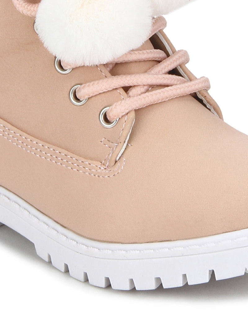 Pink PU Pom Pom Lace-up Ankle Boots