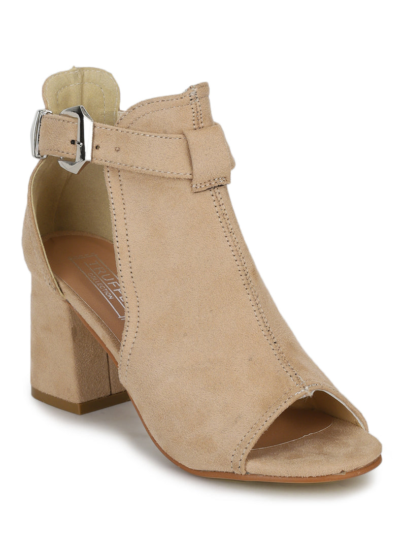 Nude Micro Buckle Peep Toe Block Heels