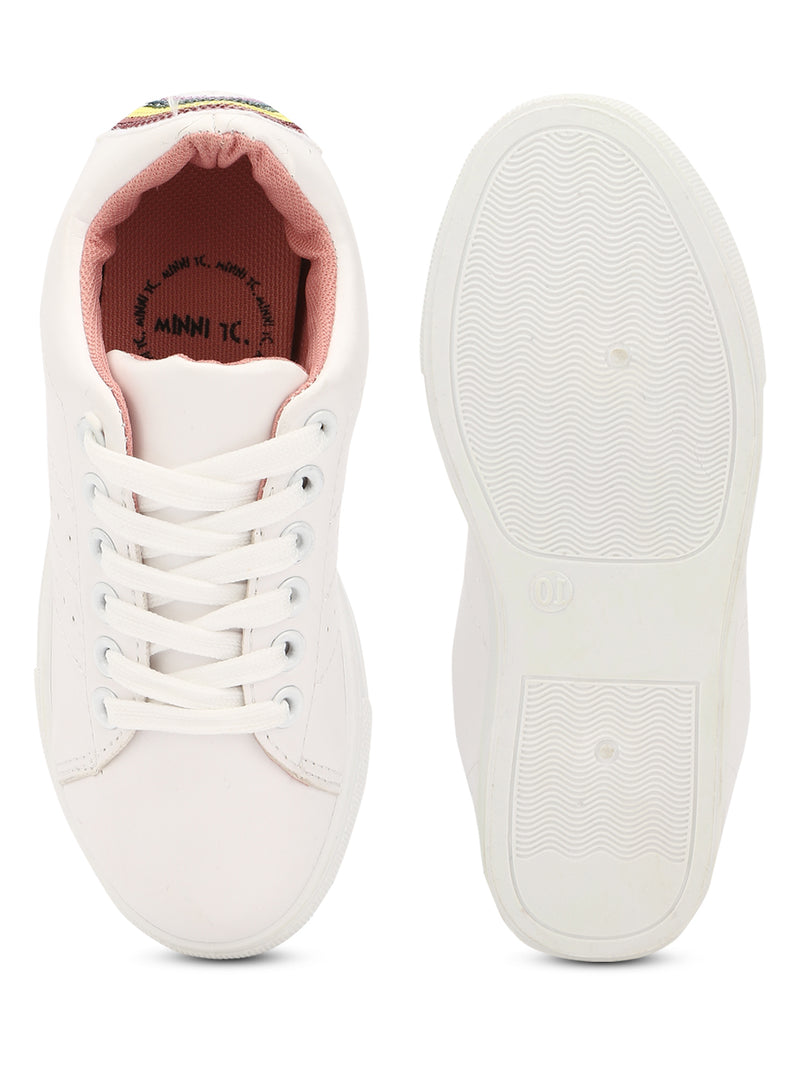White PU Rainbow Lace-Up Mini Sneakers
