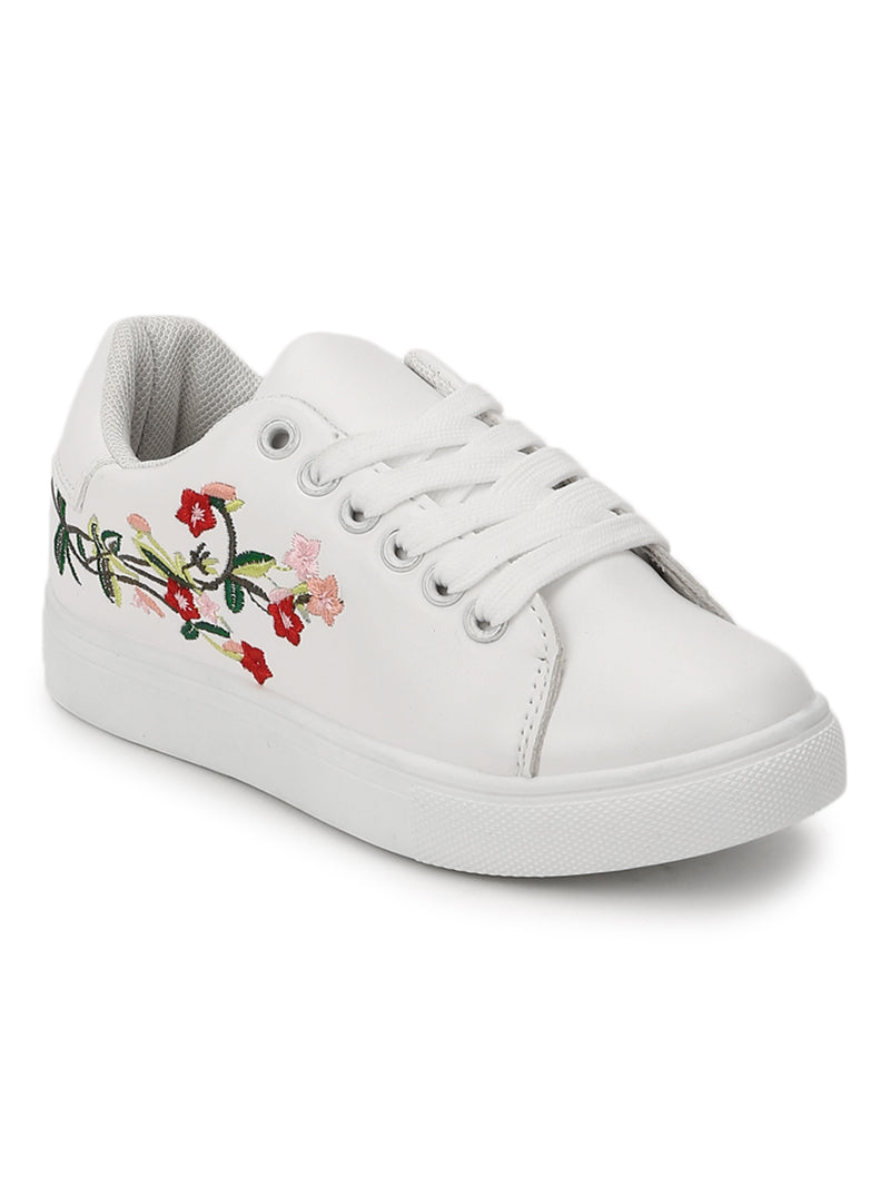 White PU Embroidered Lace-up Mini Sneakers