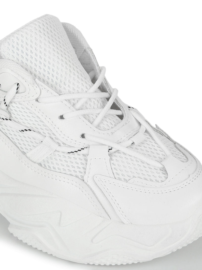 Total White PU Side Lace Pattern Chunky Sneakers