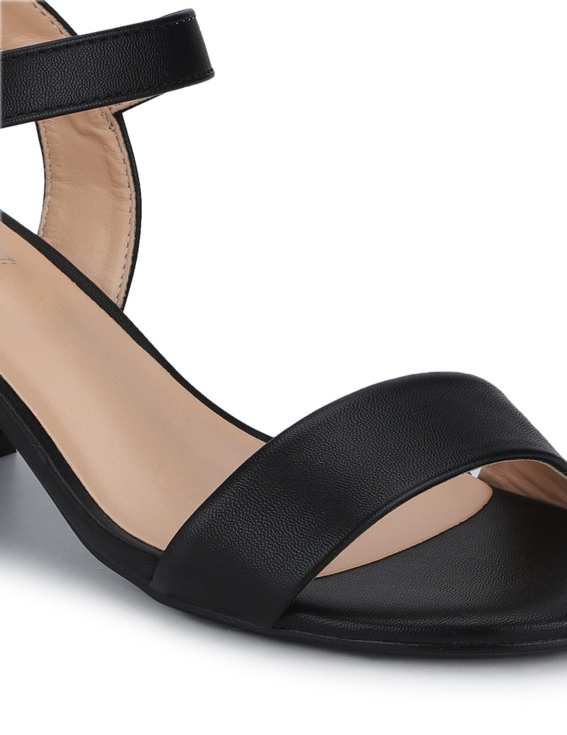 Black PU Ankle Strap Low Block Heels