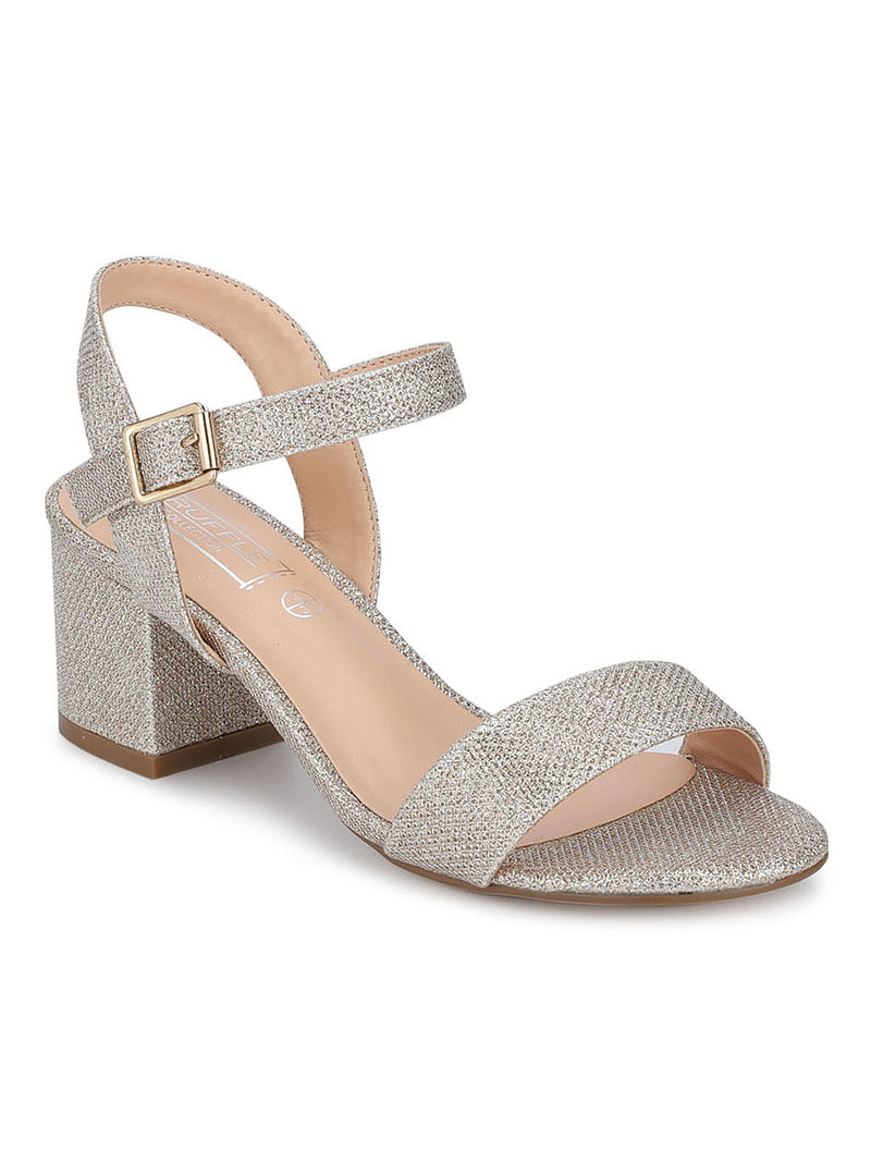 Champagne Shimmer Ankle Strap Low Block Heels