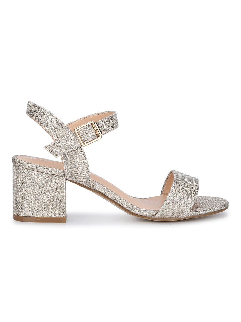 Champagne Shimmer Ankle Strap Low Block Heels