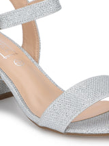 Silver Shimmer Ankle Strap Low Block Heels