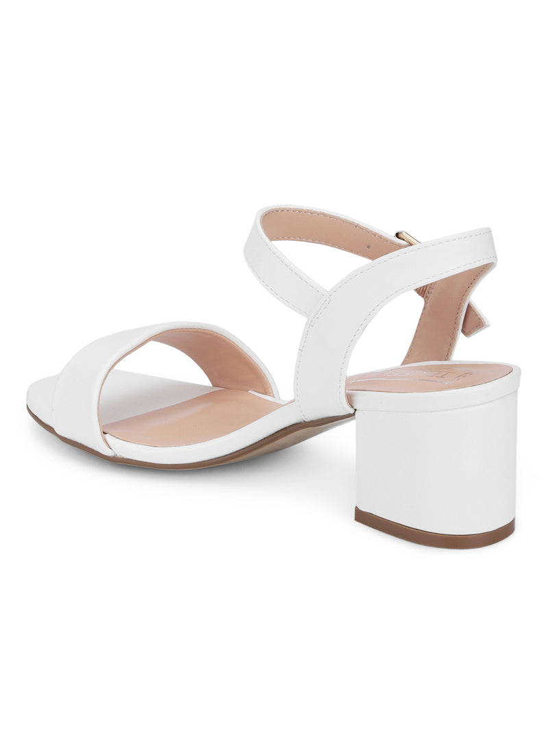 White PU Ankle Strap Low Block Heels